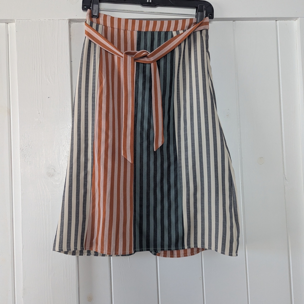 Roolee Striped Midi Skirt in Rust, Green, and Cream